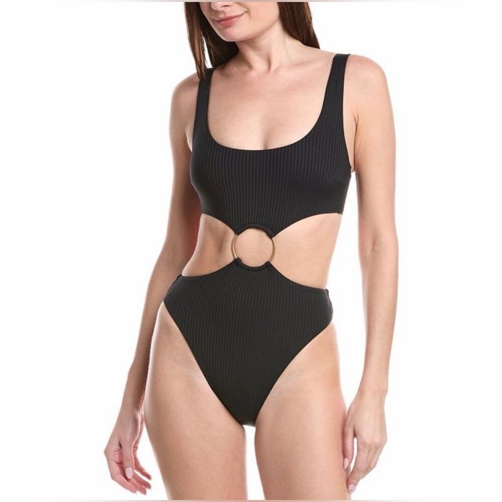 Vitamin A Black Ribbed Ring Cutout One Piece Swimsuit NEW